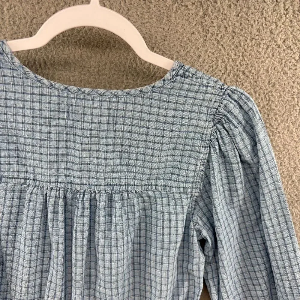 Madewell Chambray Puff-Sleeve Peplum Top in Windowpane Blue – Size S Style NE213